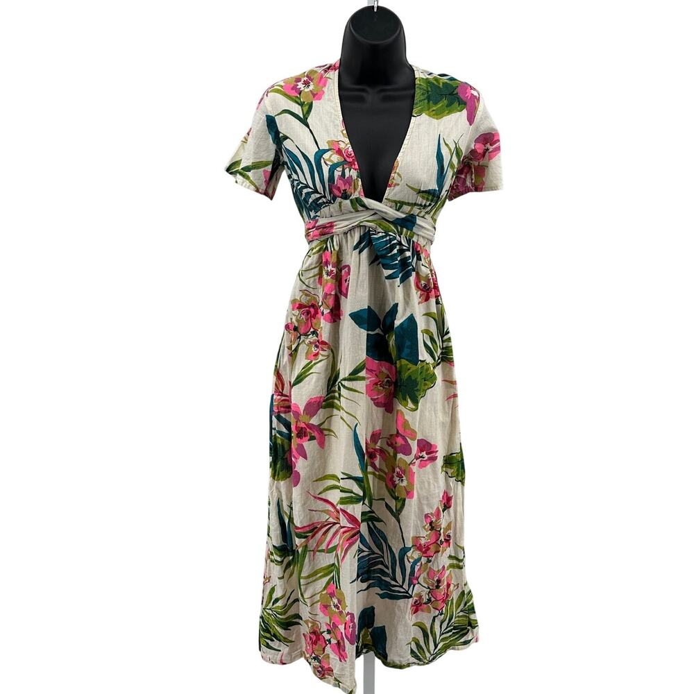 Billabong Rolling Seas Midi Dress S White Floral Tropical Tie Waist Cut Out Back